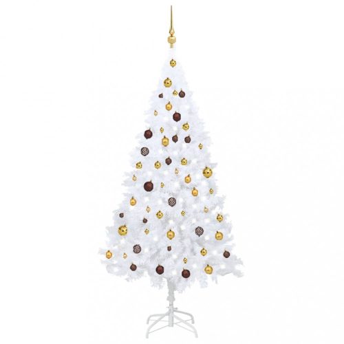 Fehér PVC műkarácsonyfa LED-ekkel és gömbszettel 180 cm