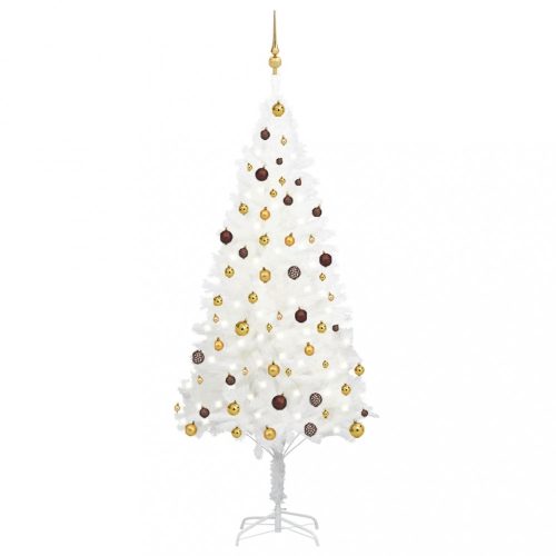 Fehér műkarácsonyfa LED-ekkel és gömbszettel 210 cm