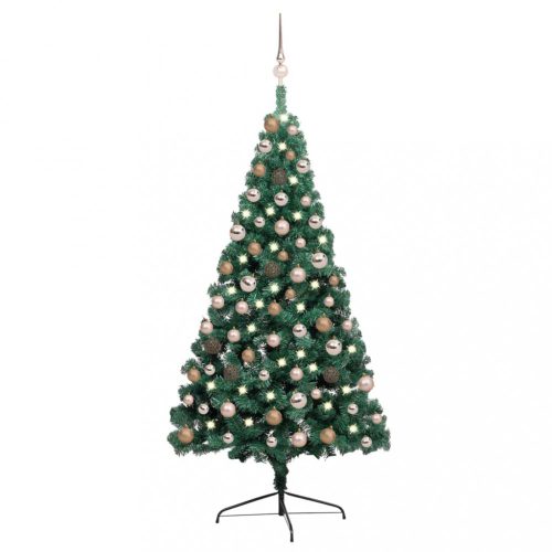 Zöld fél műkarácsonyfa LED-fényekkel és gömbszettel 150 cm