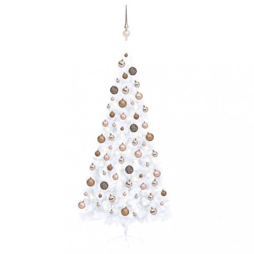 Fehér fél műkarácsonyfa LED-ekkel és gömbszettel 210 cm
