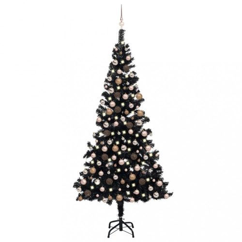 Fekete PVC műkarácsonyfa LED-fényekkel és gömbszettel 210 cm
