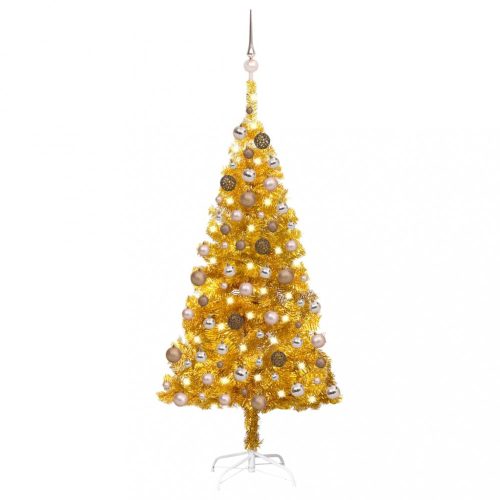 Aranyszínű PET műkarácsonyfa LED-ekkel és gömbszettel 120 cm