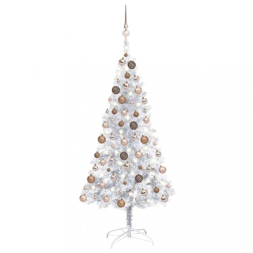 Ezüstszínű PET műkarácsonyfa LED-ekkel és gömbszettel 150 cm