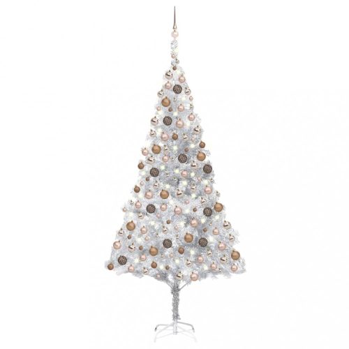 Ezüstszínű PET műkarácsonyfa LED-ekkel és gömbökkel 210 cm