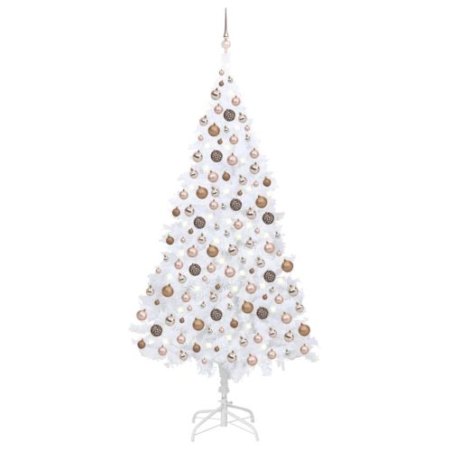 fehér műkarácsonyfa LED-ekkel és gömbszettel 240 cm