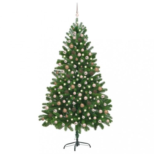 Zöld műkarácsonyfa LED-ekkel és gömbszettel 210 cm
