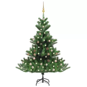   Zöld nordmann műfenyő LED-fényekkel és gömbszettel 150 cm