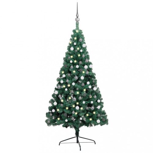 Zöld fél műkarácsonyfa LED-fényekkel és gömbszettel 180 cm