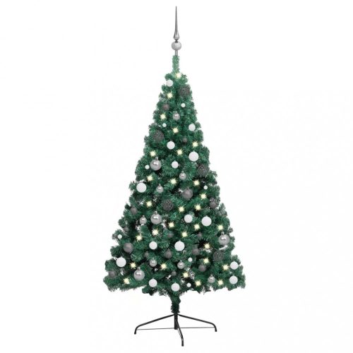 Zöld fél műkarácsonyfa LED-fényekkel és gömbszettel 240 cm