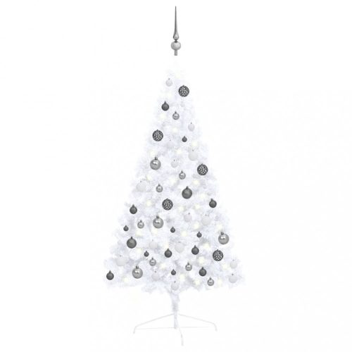  fehér fél műkarácsonyfa LED-ekkel és gömbszettel 120 cm