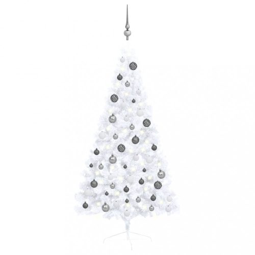 Fehér fél műkarácsonyfa LED-ekkel és gömbszettel 150 cm