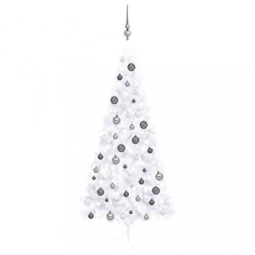  fehér fél műkarácsonyfa LED-ekkel és gömbszettel 180 cm