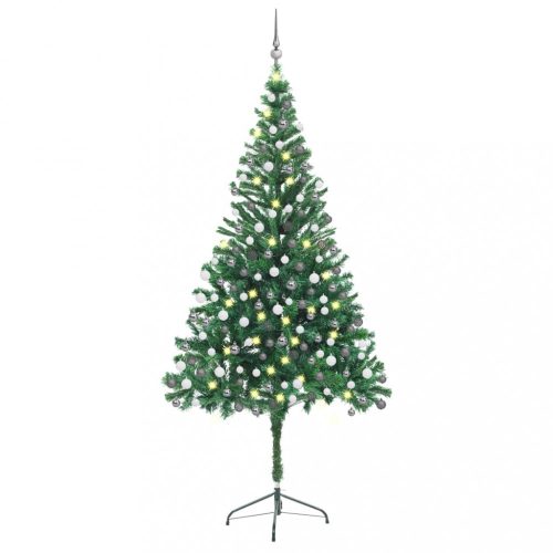 Zöld műkarácsonyfa LED-fénnyel és gömbszettel 210 cm 910 ággal