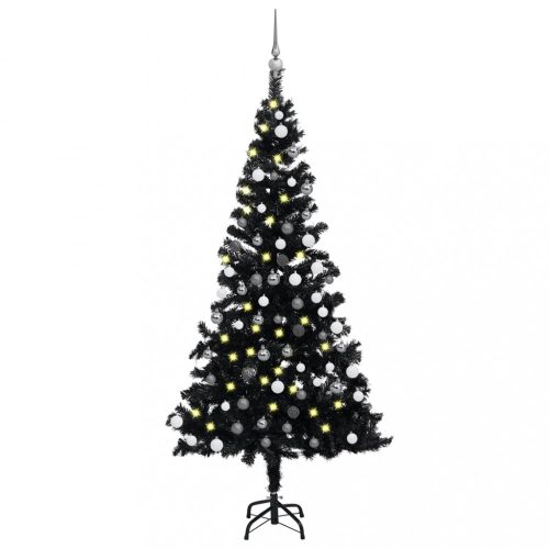 Fekete PVC műkarácsonyfa LED-fényekkel és gömbszettel 120 cm
