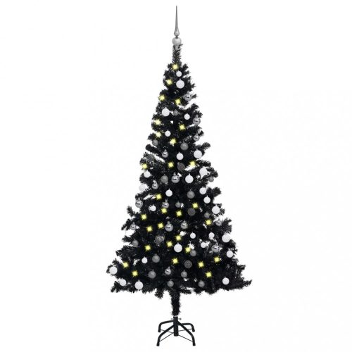 Fekete PVC műkarácsonyfa LED-fényekkel és gömbszettel 180 cm