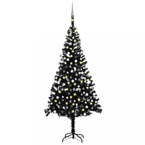 Fekete PVC műkarácsonyfa LED-fényekkel és gömbszettel 240 cm