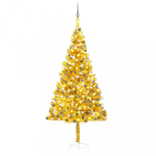 Aranyszínű PET műkarácsonyfa LED-ekkel és gömbökkel 210 cm