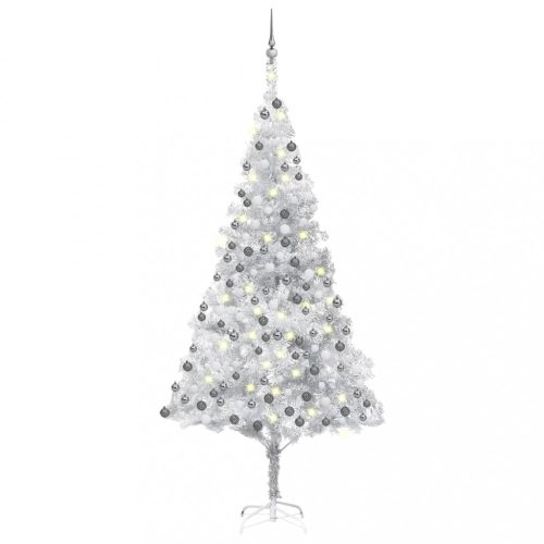 Ezüstszínű PET műkarácsonyfa LED-ekkel és gömbökkel 240 cm