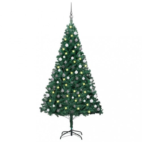  zöld PVC műkarácsonyfa LED-ekkel és gömbszettel 120 cm