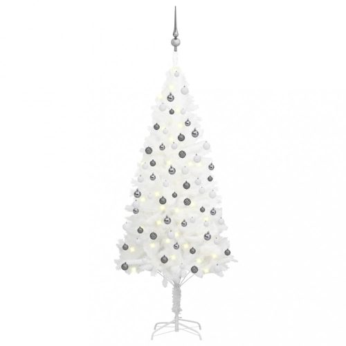  fehér műkarácsonyfa LED-ekkel és gömbszettel 150 cm