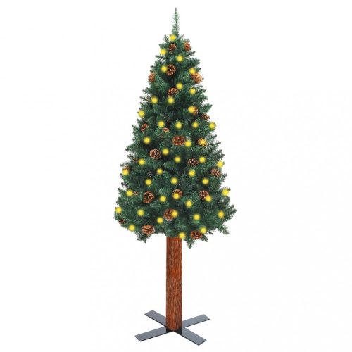 karcsú zöld karácsonyfa LED-del, valódi fával/tobozokkal 150 cm