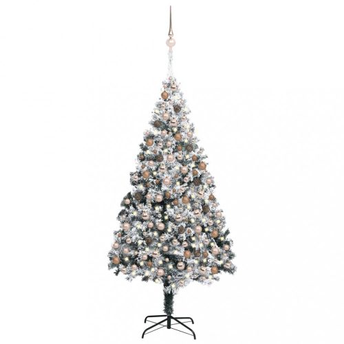 Zöld műkarácsonyfa LED-ekkel, gömbökkel és pelyhes hóval 300 cm