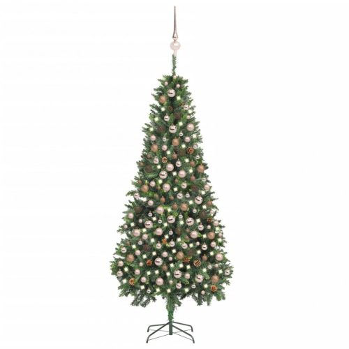 Műkarácsonyfa LED-ekkel, gömbökkel és tobozokkal 210 cm