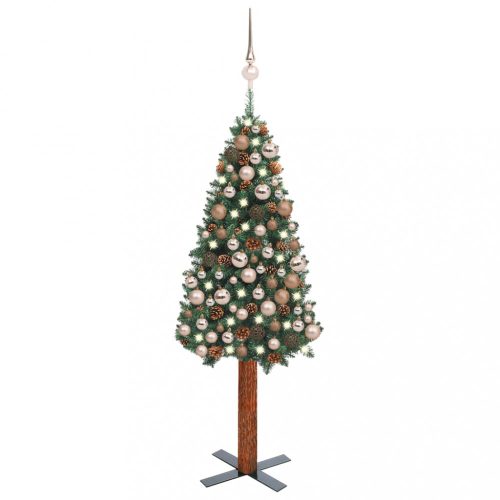 Zöld vékony PVC karácsonyfa LED-ekkel és gömbszettel 150 cm