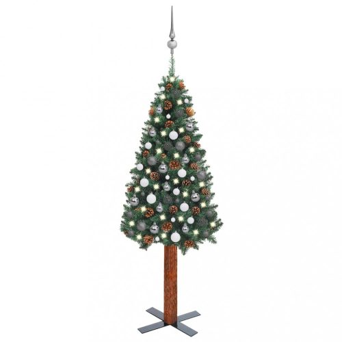 Zöld vékony PVC karácsonyfa LED-ekkel és gömbszettel 150 cm