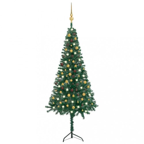  zöld PVC sarok műkarácsonyfa LED-ekkel és gömbszettel 240 cm