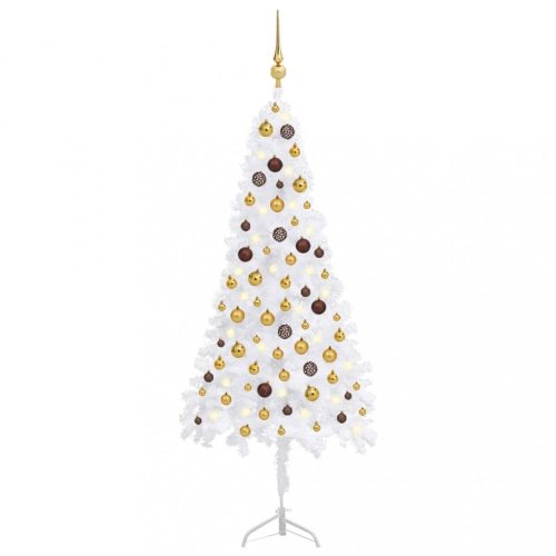 Fehér PVC sarok műkarácsonyfa LED-ekkel és gömbszettel 150 cm