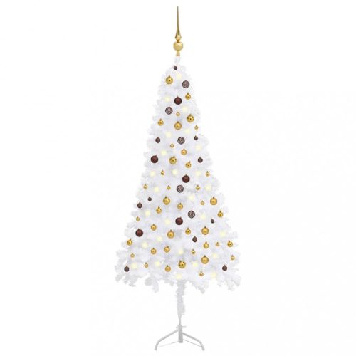Fehér PVC sarok műkarácsonyfa LED-ekkel és gömbszettel 240 cm