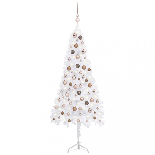 Fehér PVC sarok műkarácsonyfa LED-ekkel és gömbszettel 150 cm