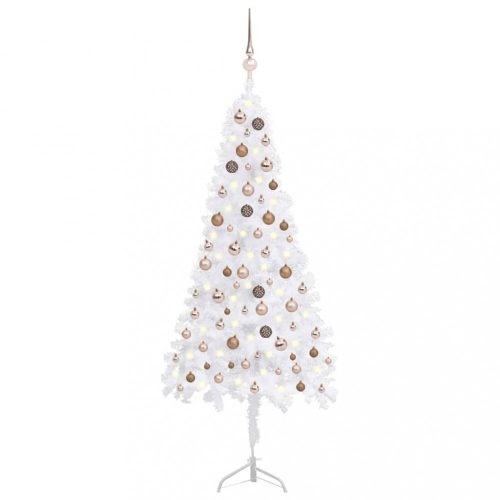 Fehér PVC sarok műkarácsonyfa LED-ekkel és gömbszettel 180 cm
