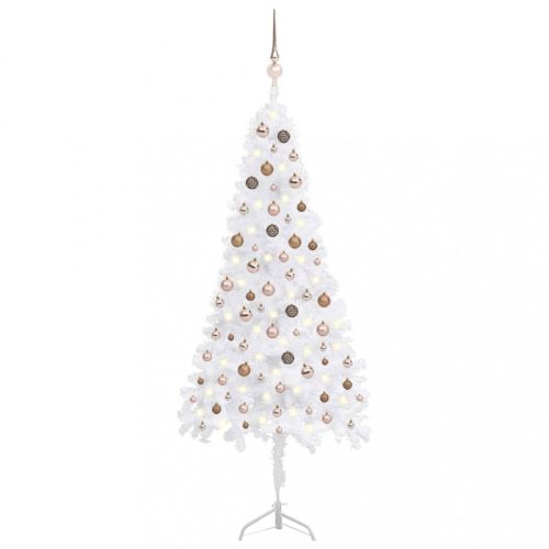 Fehér PVC sarok műkarácsonyfa LED-ekkel és gömbszettel 210 cm