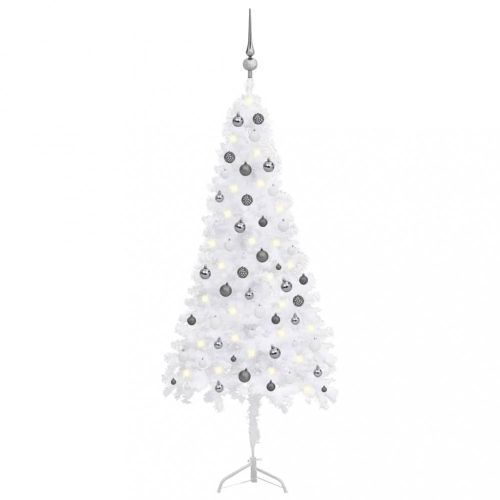  fehér PVC sarok műkarácsonyfa LED-ekkel és gömbszettel 180 cm