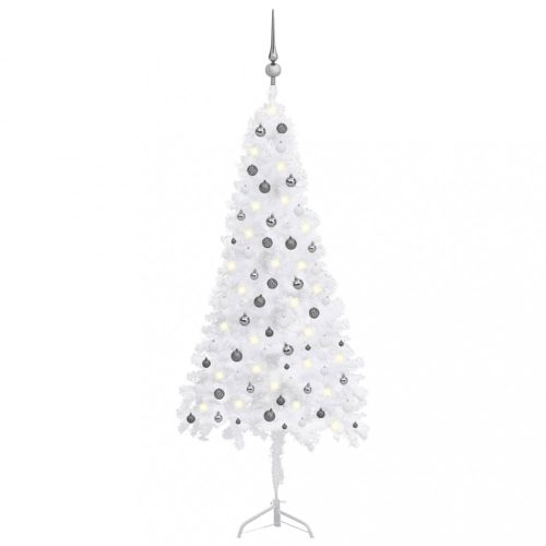 Fehér PVC sarok műkarácsonyfa LED-ekkel és gömbszettel 240 cm