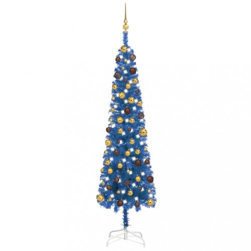  kék vékony karácsonyfa LED-ekkel és gömbszettel 210 cm