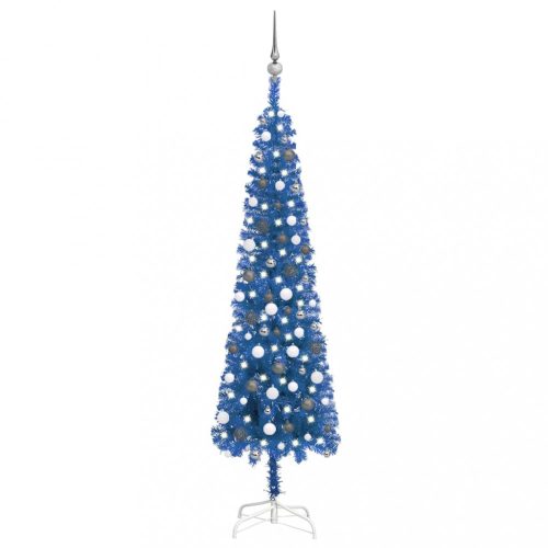  kék vékony karácsonyfa LED-ekkel és gömbszettel 210 cm