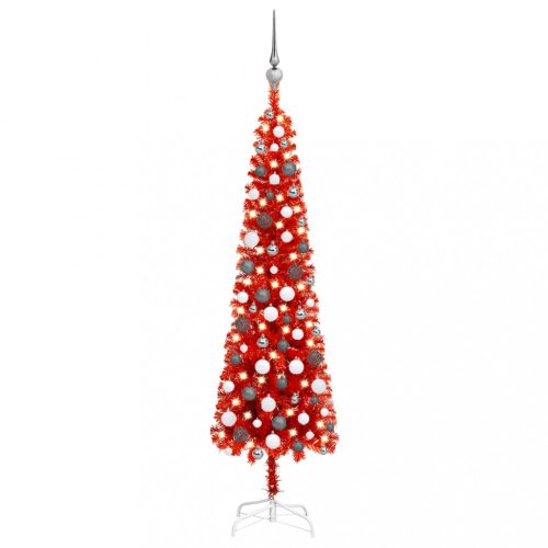  piros vékony karácsonyfa LED-ekkel és gömbszettel 150 cm