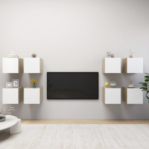 8 db fehér-tölgyszínű falra szerelhető TV-szekrény 30,5x30x30cm