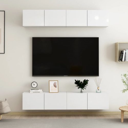 4 db magasfényű fehér forgácslap TV-szekrény 80 x 30 x 30 cm