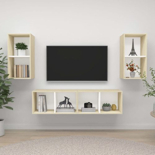 4 db fehér és tölgyszínű forgácslap fali TV-szekrény
