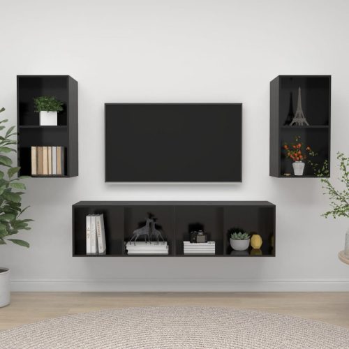 4 db magasfényű fekete forgácslap fali TV-szekrény