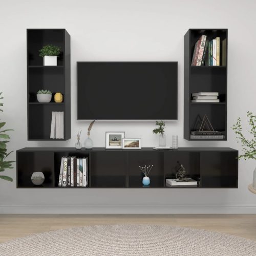 4 db magasfényű fekete forgácslap fali TV-szekrény