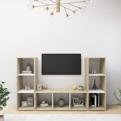 3 db fehér-sonoma színű forgácslap TV-szekrény 107 x 35 x 37 cm