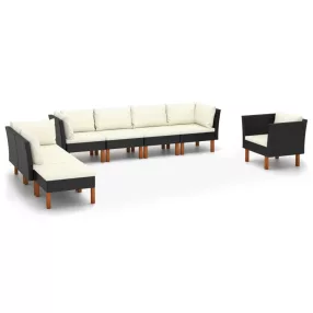   8 részes fekete polyrattan és eukaliptuszfa kerti ülőgarnitúra