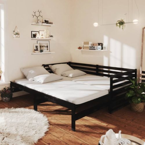 fekete tömör fenyőfa kihúzható kanapéágy 2 x (90 x 200) cm