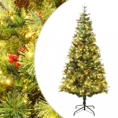 zöld PVC és PE karácsonyfa LED-ekkel és fenyőtobozokkal 150 cm