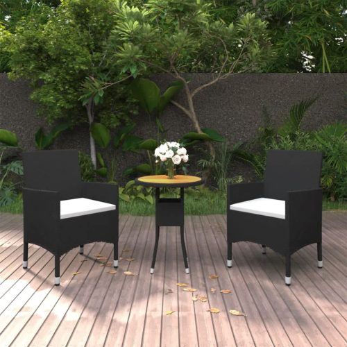 3 részes fekete polyrattan és tömör fa kerti bisztrószett